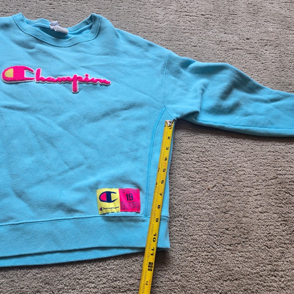 Champion Reverse Weave Sweatshirt Womens Small Blue Pink Chenille Script Logo - Picture 2 of 6